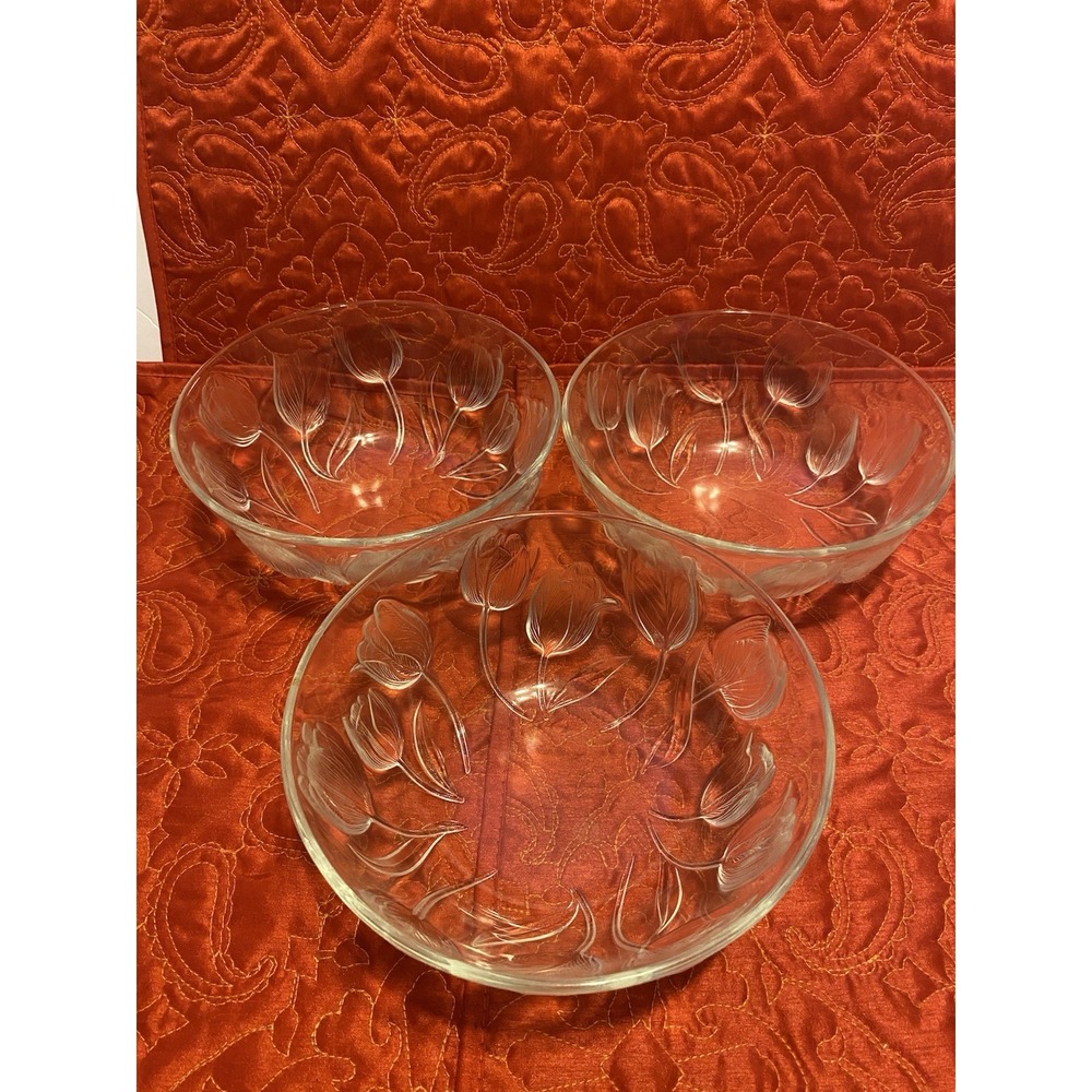 Set Of 3 Teleflora Clear Crystal Bowl Vase Center Piece Frosted Tulips 7.25"‎